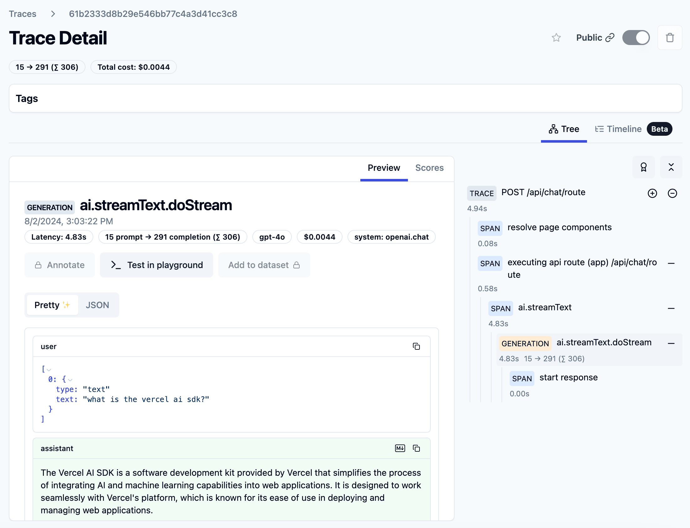Vercel AI SDK Example Trace in
Langfuse